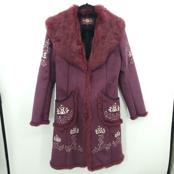 Wilsons Leather Sheepskin Shearling Rabbit-Fur Trimmed Afghan Coat M/L Plum - Picture 1 of 15